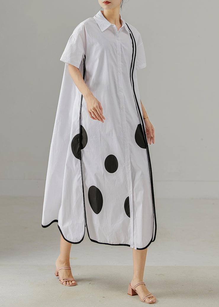 White Print Cotton Shirt Dress Oversized Side Open Summer