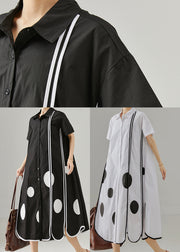 White Print Cotton Shirt Dress Oversized Side Open Summer