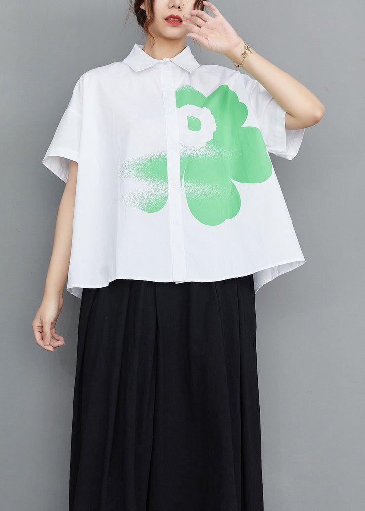 White Print Cotton Shirt Oversized Turn-down Collar Summer