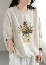 White Print Linen Sweatshirts Top O-Neck Oversized Short Sleeve