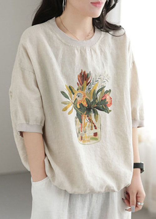 White Print Linen Sweatshirts Top O-Neck Oversized Short Sleeve