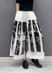 White Print Patchwork Cotton Wide Leg Pants Wrinkled Spring