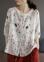 White Print Patchwork Linen Blouse Top Ruffled Half Sleeve