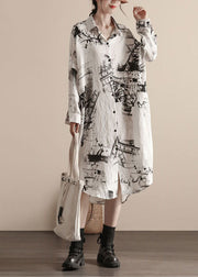 White Print Patchwork Linen Shirts Dress Peter Pan Collar Spring