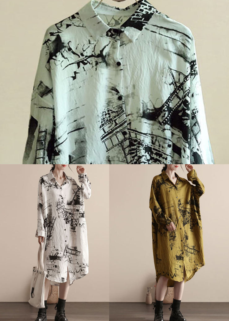 White Print Patchwork Linen Shirts Dress Peter Pan Collar Spring