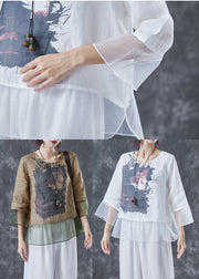 White Print Patchwork Organza Linen Shirt Top Bracelet Sleeve