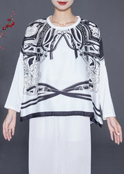 White Print Satin Tops Oversized Side Open Batwing Sleeve