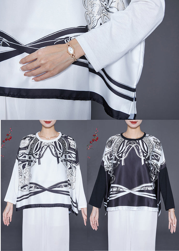 White Print Satin Tops Oversized Side Open Batwing Sleeve