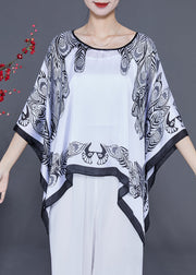 White Print Silk Scarf O-Neck Draping