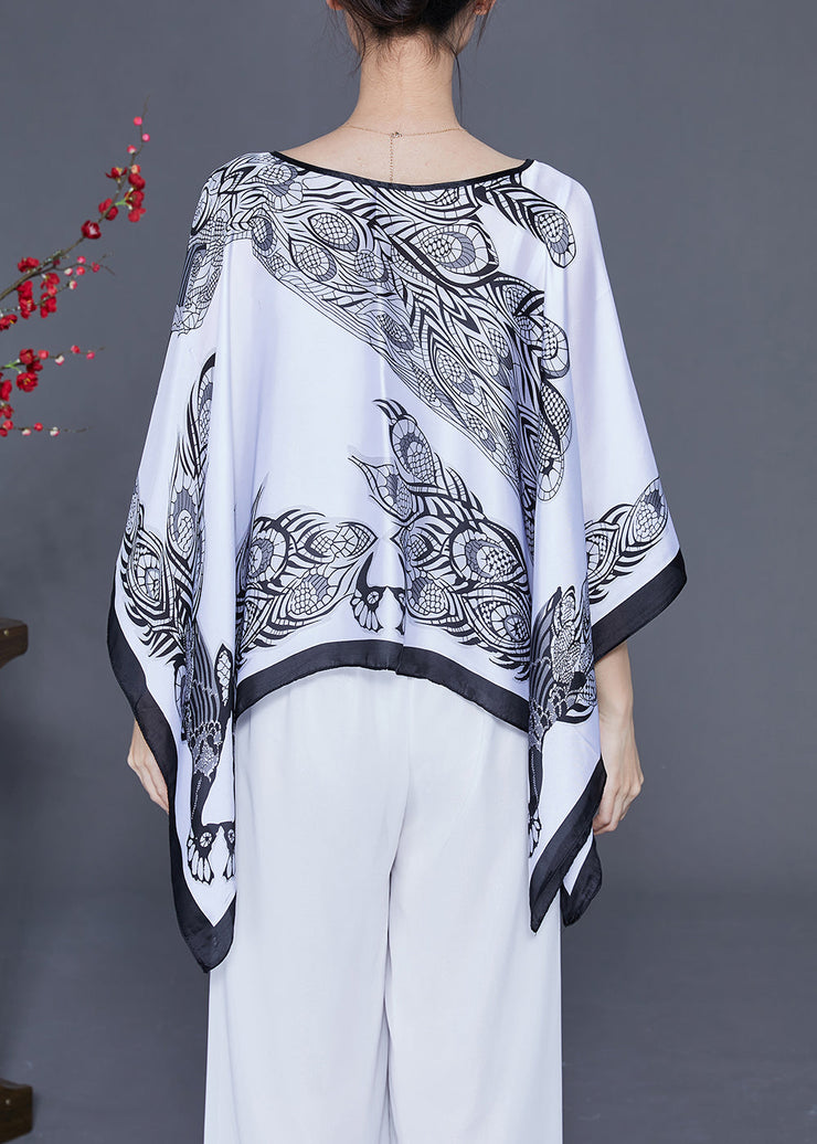 White Print Silk Scarf O-Neck Draping