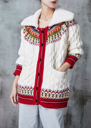 White Print Thick Knit Cardigan Peter Pan Collar Spring