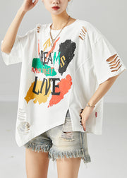 White Ripped Cotton Tank Oversized Hollow Out Summer