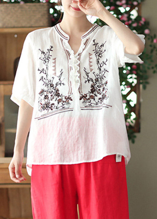 White Ruffled Button Linen T Shirt Short Sleeve