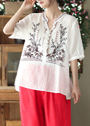 White Ruffled Button Linen T Shirt Short Sleeve