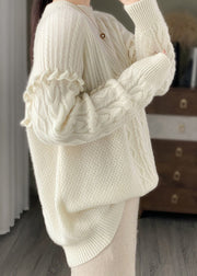 White Ruffled Patchwork Cozy Woolen Knit Pullover O Neck Spring