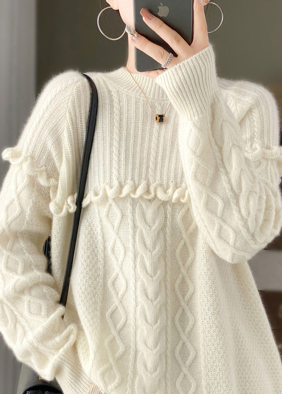 White Ruffled Patchwork Cozy Woolen Knit Pullover O Neck Spring