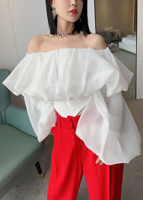 White Ruffled Solid Chiffon Shirts Slash Neck Puff Sleeve