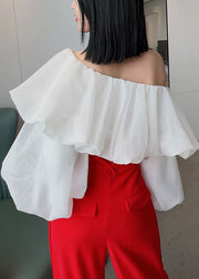 White Ruffled Solid Chiffon Shirts Slash Neck Puff Sleeve