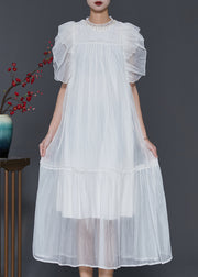 White Silk Long Dress Ruffled Nail Bead Petal Sleeve