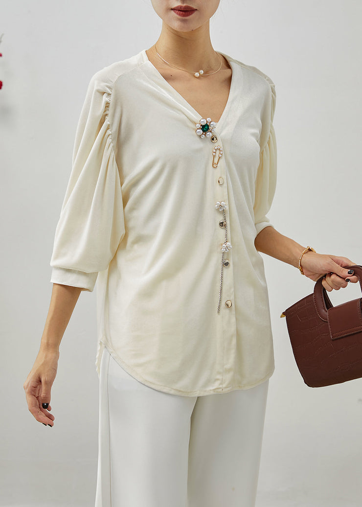 White Silk Velour Top Oversized Wrinkled Half Sleeve