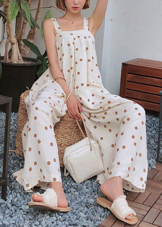 White Slash Neck Dot Chiffon Wide Leg Jumpsuits Summer