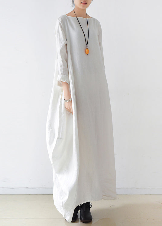 White Slash Neck Pockets Linen Dress Long Sleeve