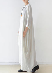 White Slash Neck Pockets Linen Dress Long Sleeve