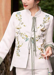 White Slim Fit Silk Jacket Embroideried Mandarin Collar Spring