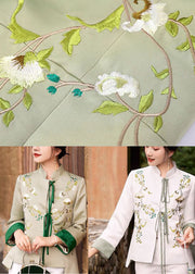 White Slim Fit Silk Jacket Embroideried Mandarin Collar Spring