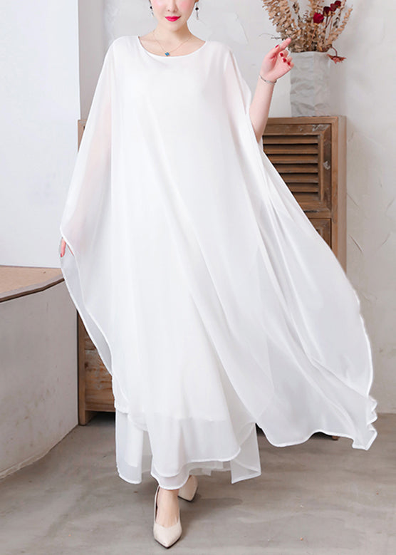 White Solid Chiffon Long Holiday Dresses Long Sleeve