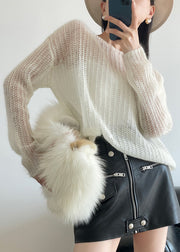 White Solid Cozy Knit Sweater Hollow Out Winter