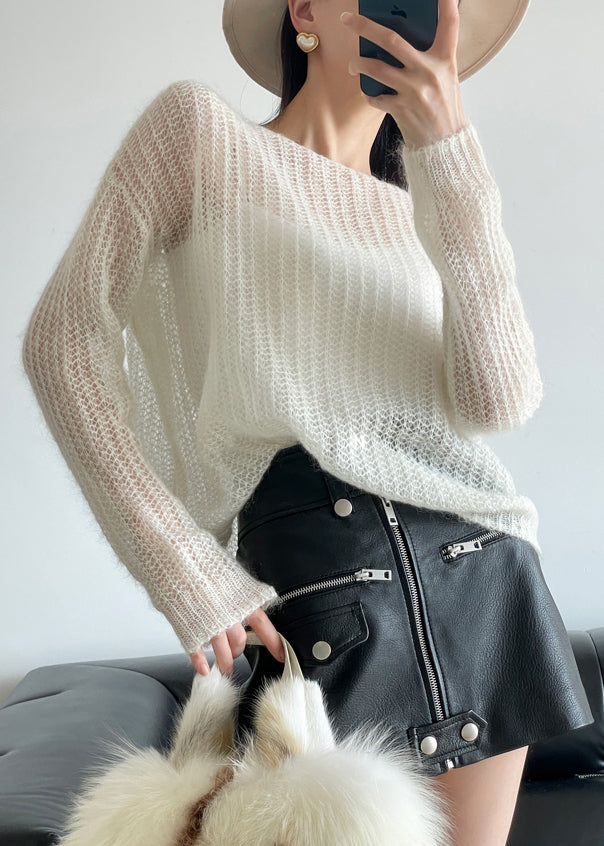 White Solid Cozy Knit Sweater Hollow Out Winter