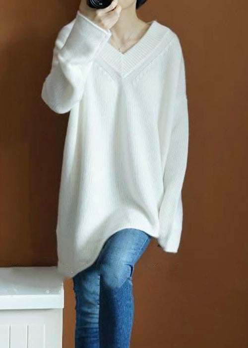 White Solid Cozy Knit Sweaters Top V Neck Spring