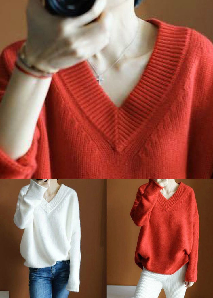 White Solid Cozy Knit Sweaters Top V Neck Spring