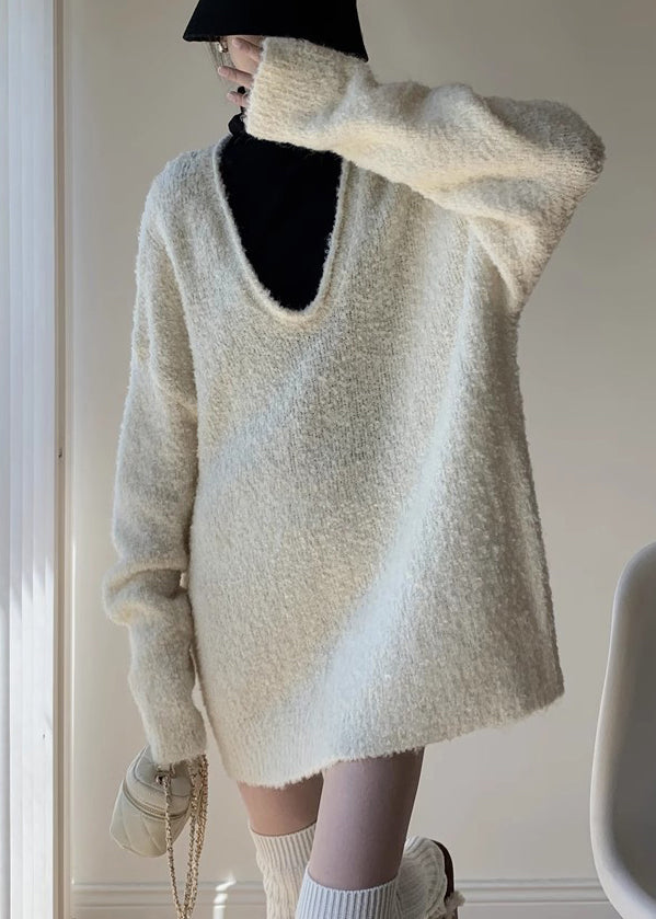 White Solid Cozy Knit Winter Two Pieces Set V Neck