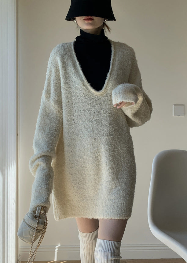 White Solid Cozy Knit Winter Two Pieces Set V Neck