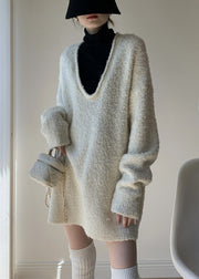 White Solid Cozy Knit Winter Two Pieces Set V Neck