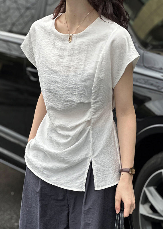 White Solid Front Open Cotton Top O Neck Summer