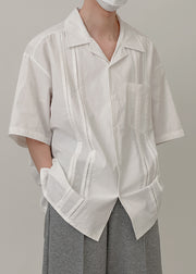 White Solid Pockets Cotton Men Shirt Peter Pan Collar Summer