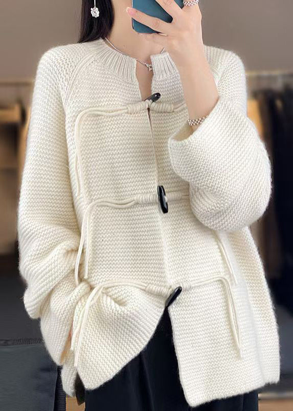 White Solid Woolen Knit Coat O-Neck Long Sleeve