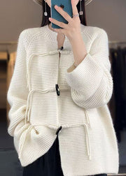 White Solid Woolen Knit Coat O-Neck Long Sleeve