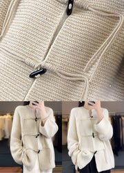 White Solid Woolen Knit Coat O-Neck Long Sleeve