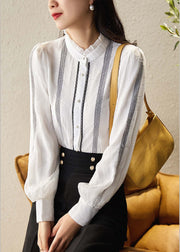 White Stand Collar Button Chiffon Shirts Long Sleeve