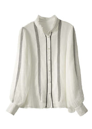 White Stand Collar Button Chiffon Shirts Long Sleeve