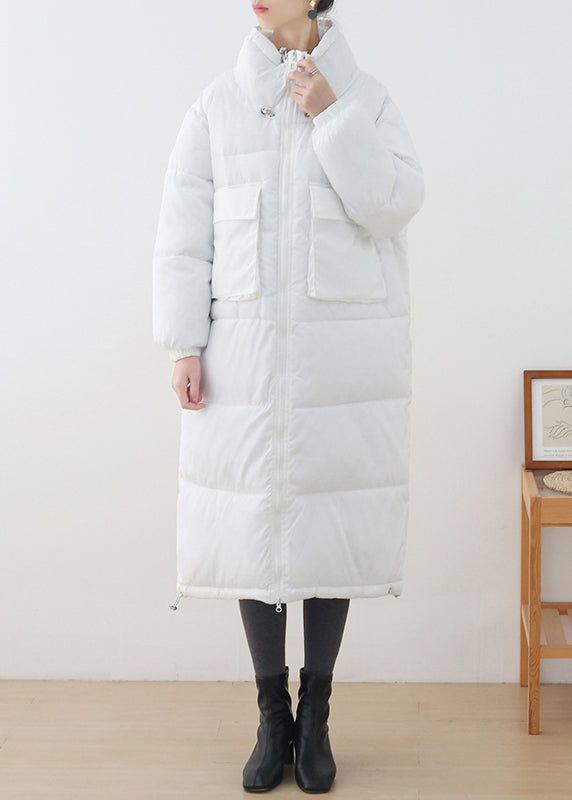 White Stand Collar Drawstring Thick Long Parka Winter