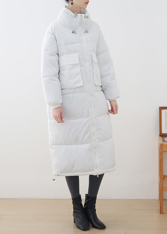 White Stand Collar Zippered Drawstring Thick Parka Long Sleeve