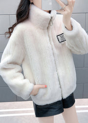 White Stand Collar Zippered Faux Fur Coats Winter