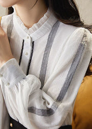 White Striped Silk Shirt Top Stand Collar Ruffled Long Sleeve