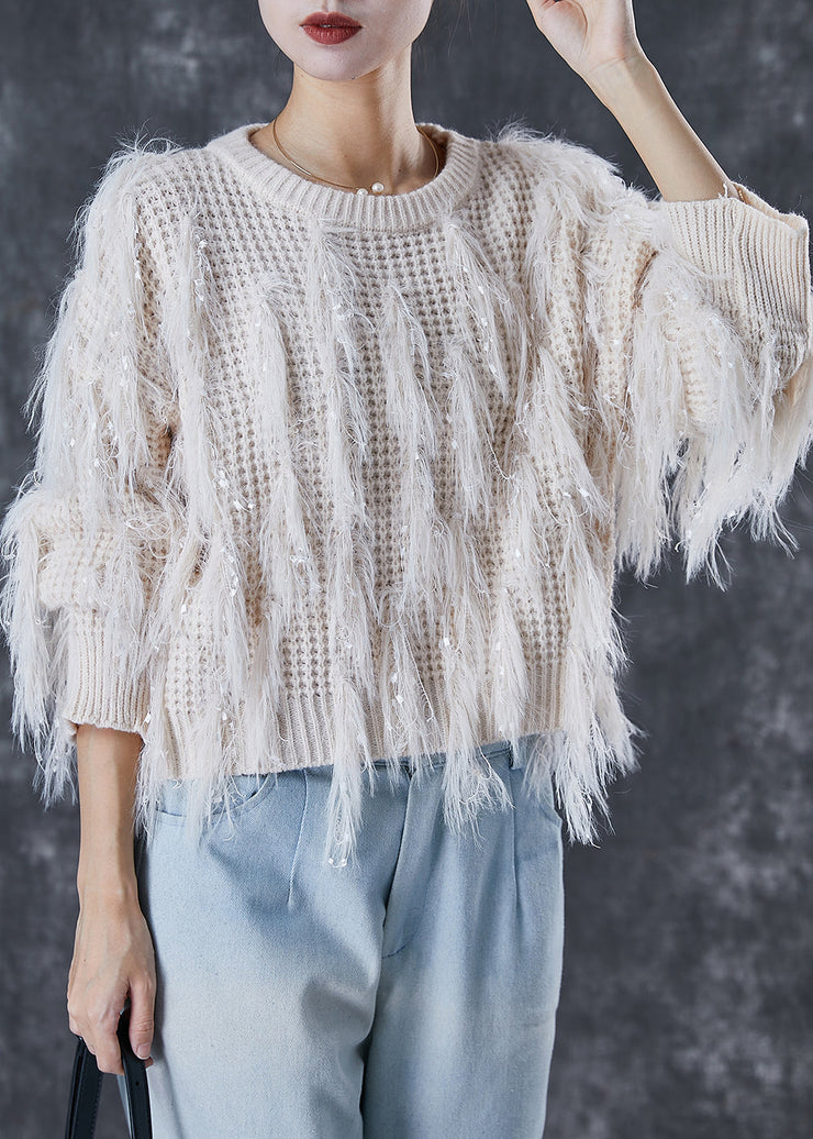 White Thick Knit Sweaters Tasseled Sequins Winter