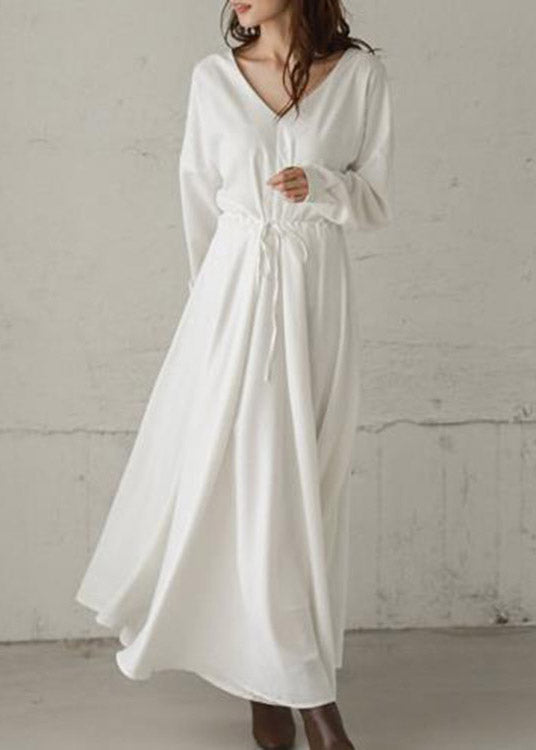 White Tie Waist Cotton Long Dresses Long Sleeve